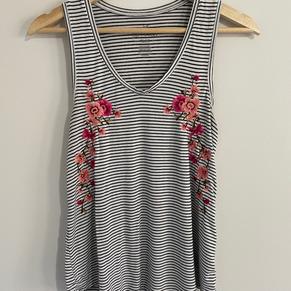 American Eagle Striped Floral Embroidered Tank XS